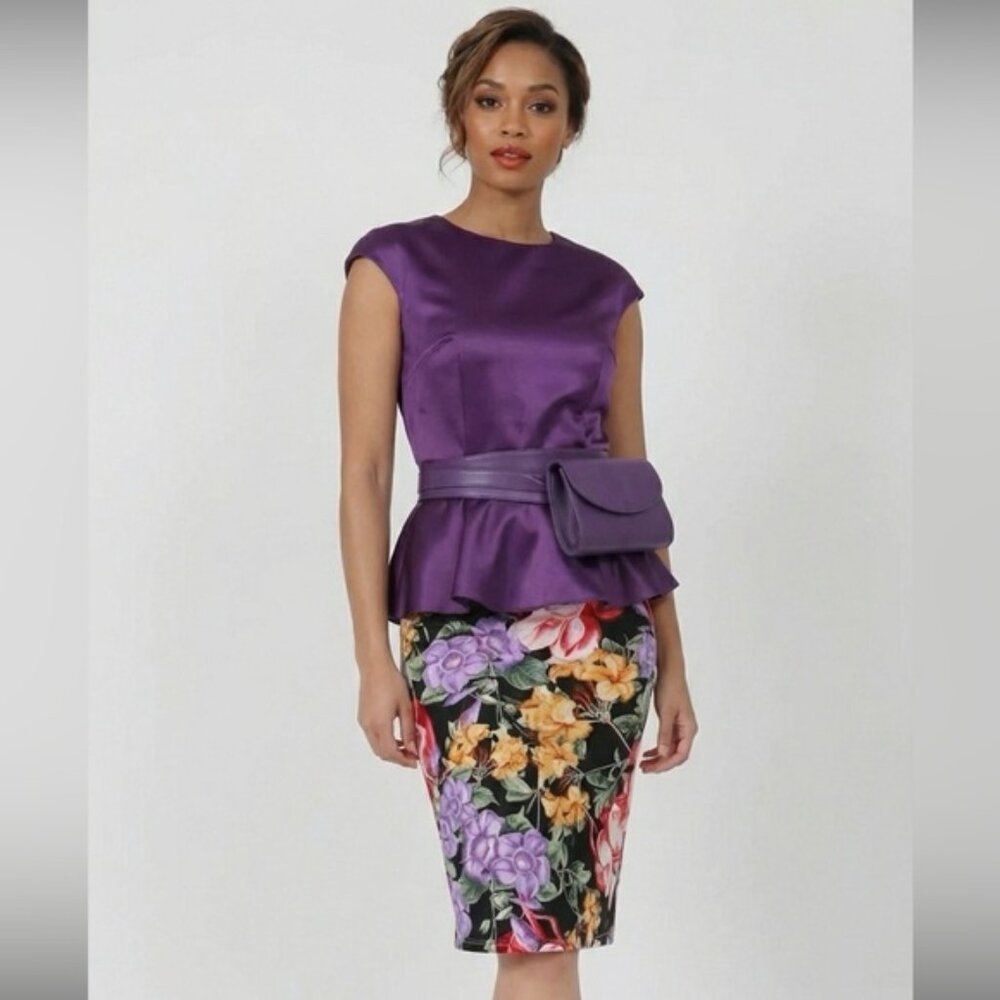 NWT Boutique Plus Size Floral Pencil Skirt | Black Multi Rose Print Knee